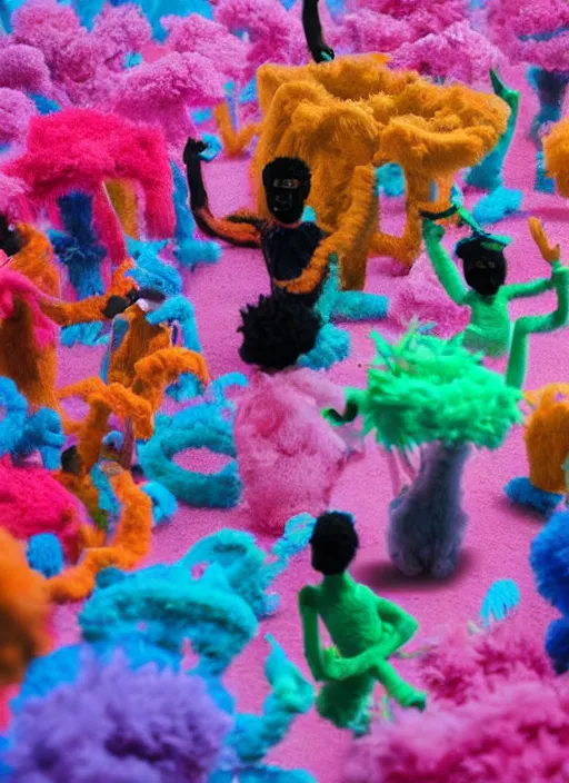 Image similar to group of giant sakura-colored people dancing made out of fluffy pipecleaners in the style of Jean-Michel Basquiat, 3D cinematic lighting, spotlight at a 90 DEGREE ANGLE, photorealism, octane render, depth of field, 8k, 35mm, artgem, Trending on artstation