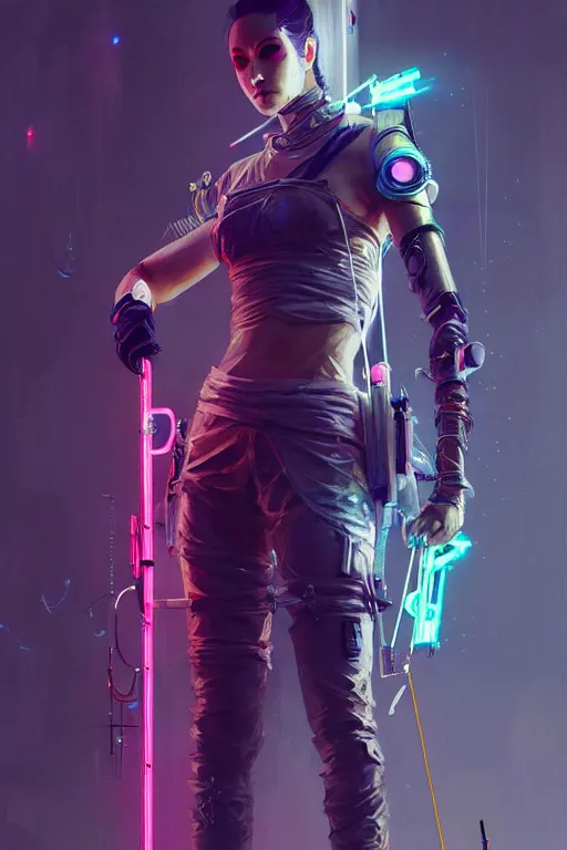 Prompt: female archer, cyberpunk futuristic neon. fencing, long sword in her hand, decorated with traditional japanese ornaments by ismail inceoglu dragan bibin hans thoma greg rutkowski alexandros pyromallis nekro rene maritte illustrated, perfect face, fine details, realistic shaded, fine - face, pretty face, masterpiece