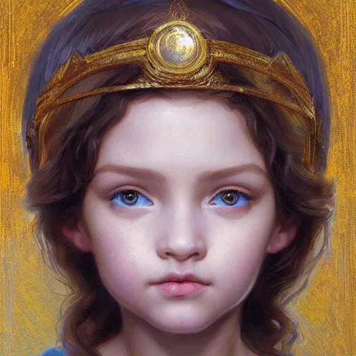 Image similar to a little girl with short wavy curly light brown hair and blue eyes, a space empress in byzantine style. beautiful highly detailed face, painting by artgerm and greg rutkowski and bouguereau.