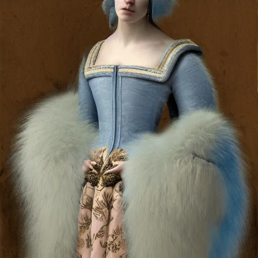 Prompt: a show design by leonardo davinci design by balenciaga ,fur, blue and yellow,pastel colours , hyperrealistic, highly detailed, fashion design,baroque,matte painting, concept art, hdri, 4k