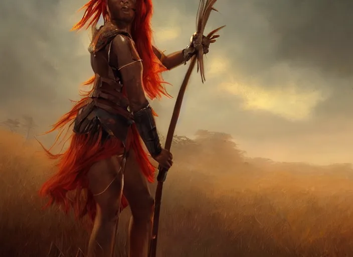 Prompt: landscape, portrait painting beautiful realism, an african girl red hair in wood armor, holding spear, who was sprawled out was about to rise, his face covered in blood. cinematic scene, good lighting, fine art, trending on artstation, smooth draw, sharp focus.