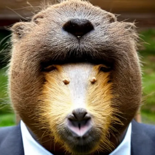 Image similar to capybara head, a man wearing a suit capybara head (smoking cigar)