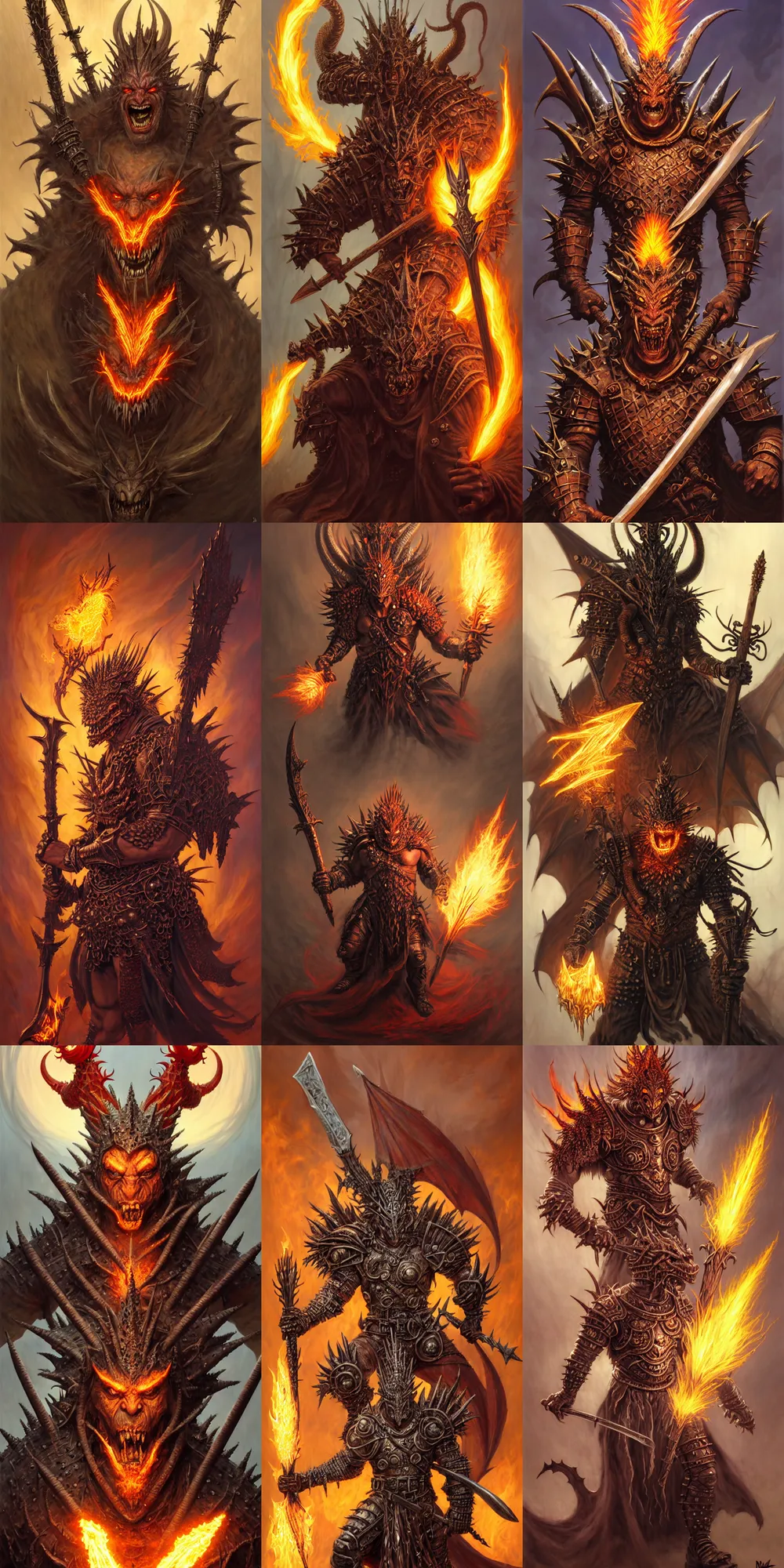 Prompt: fantasy character portrait, enraged orc king in spiky armor with a fiery aura, wearing a dragon mask, holding an axe, ultra realistic, wide angle, intricate details, the fifth element artifacts, highly detailed by peter mohrbacher, hajime sorayama, wayne barlowe, boris vallejo, aaron horkey, gaston bussiere, craig mullins