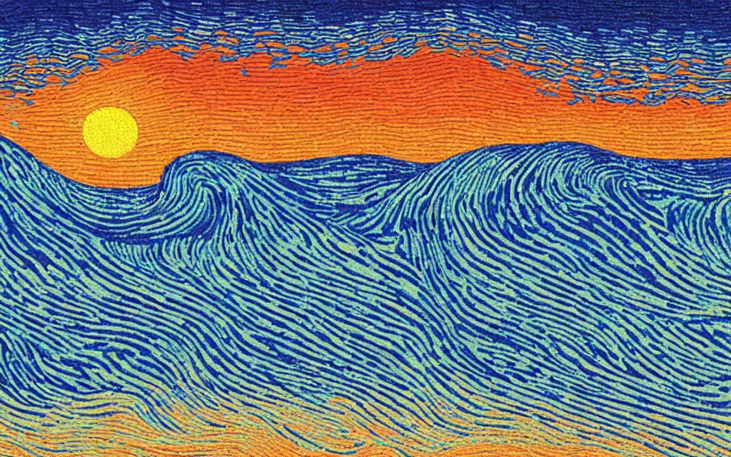 Image similar to a beutiful sunset on a beach, fractal waves. japanese embroidery. retro minimalist art by jean giraud and van gogh.