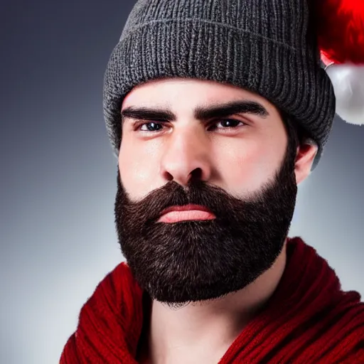 Image similar to strong attractive man face symettry brown beard with christmas hat masculine traits brown hair purple eyes clean skin ultra realistic highly detailed highly realistic 8 k photo realistic