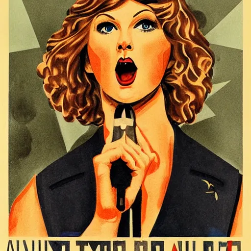 Image similar to a detailed and complex, highly detailed, concept art, soviet propaganda poster depicting a portrait of taylor swift singing on stage. painting by irakli toidze