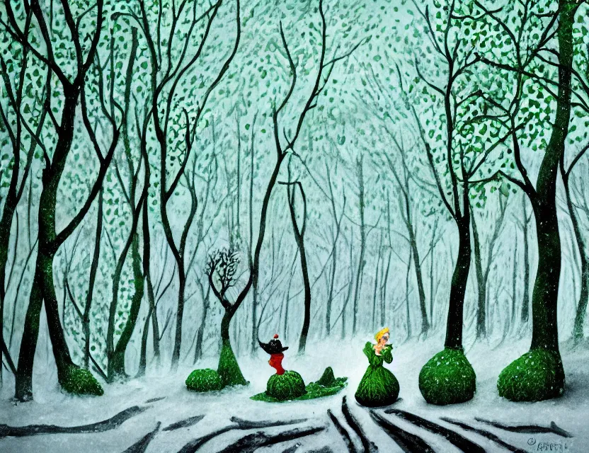 Prompt: lush green chia pet frolicking in snowy woods, stormy skies. russian fairytale art, gouache, dynamic composition, backlighting