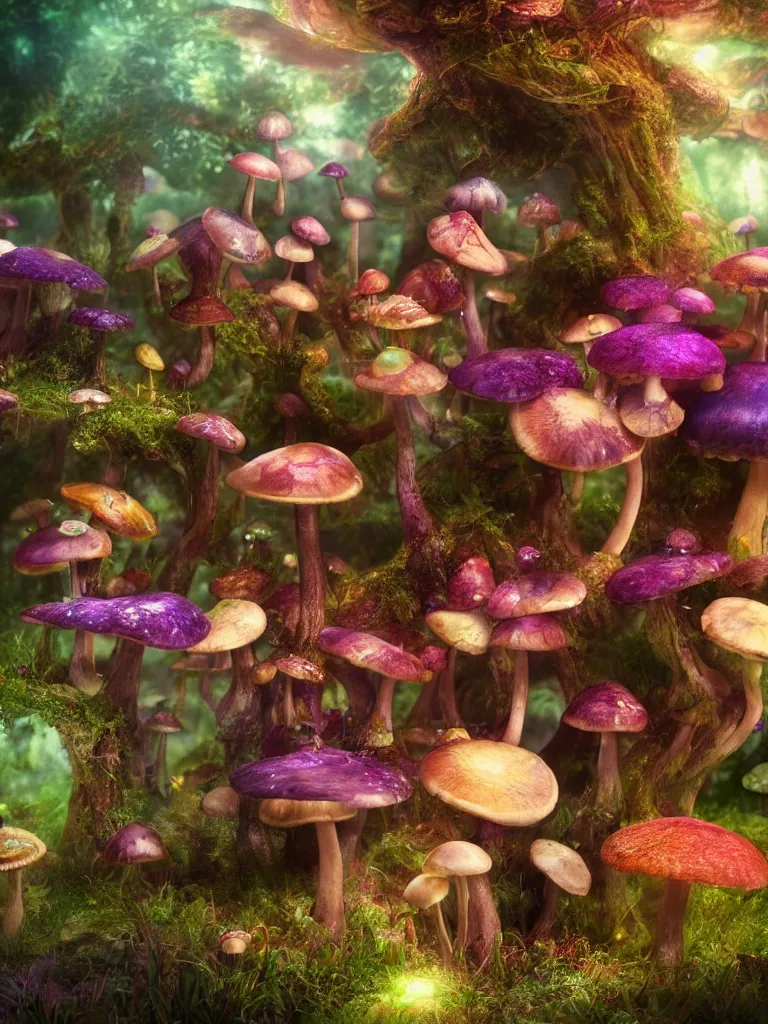 Image similar to fairy's dance in delight around a complex psychedelic engine creating mushrooms, by brian froud, octane render, 8 k, beautifully lit