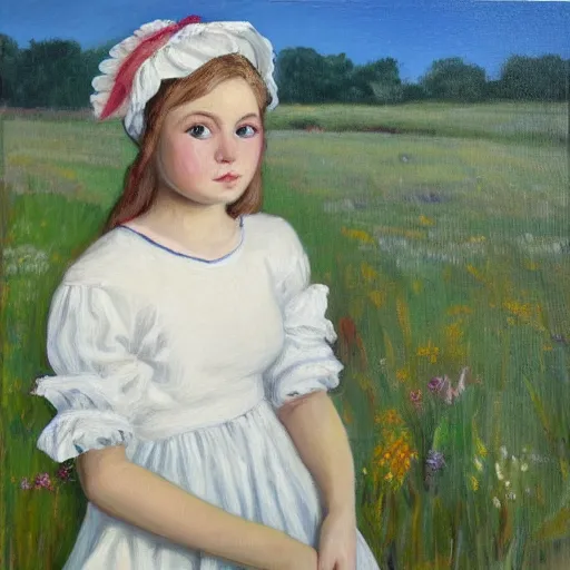 Prompt: teenage blonde pioneer girl in a meadow, white prairie dress and bonnet, oil, portrait
