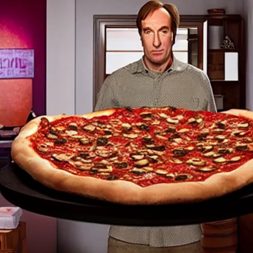 Prompt: Saul Goodman eating a gigantic pizza covering an entire room