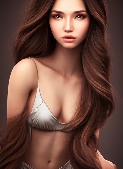 Prompt: a gorgeous female with long brown hair, photo by radoslow pujan, realistic, full body shot, wide angle, sharp focus, 8 k high definition, insanely detailed, intricate, elegant, art by stanley lau and artgerm, floating embers