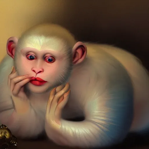 Image similar to magical scene. the sweet old very fat baby white monkey, red lips, blue eyes, is in love with her fancy beautiful colorful white fish. close up. clear face. subsurface scattering shiny skin. cinematic scene. glossy. highly detailed, color harmony, art station, ornate, caravaggio style. 3 d, beautiful lighting, old photography