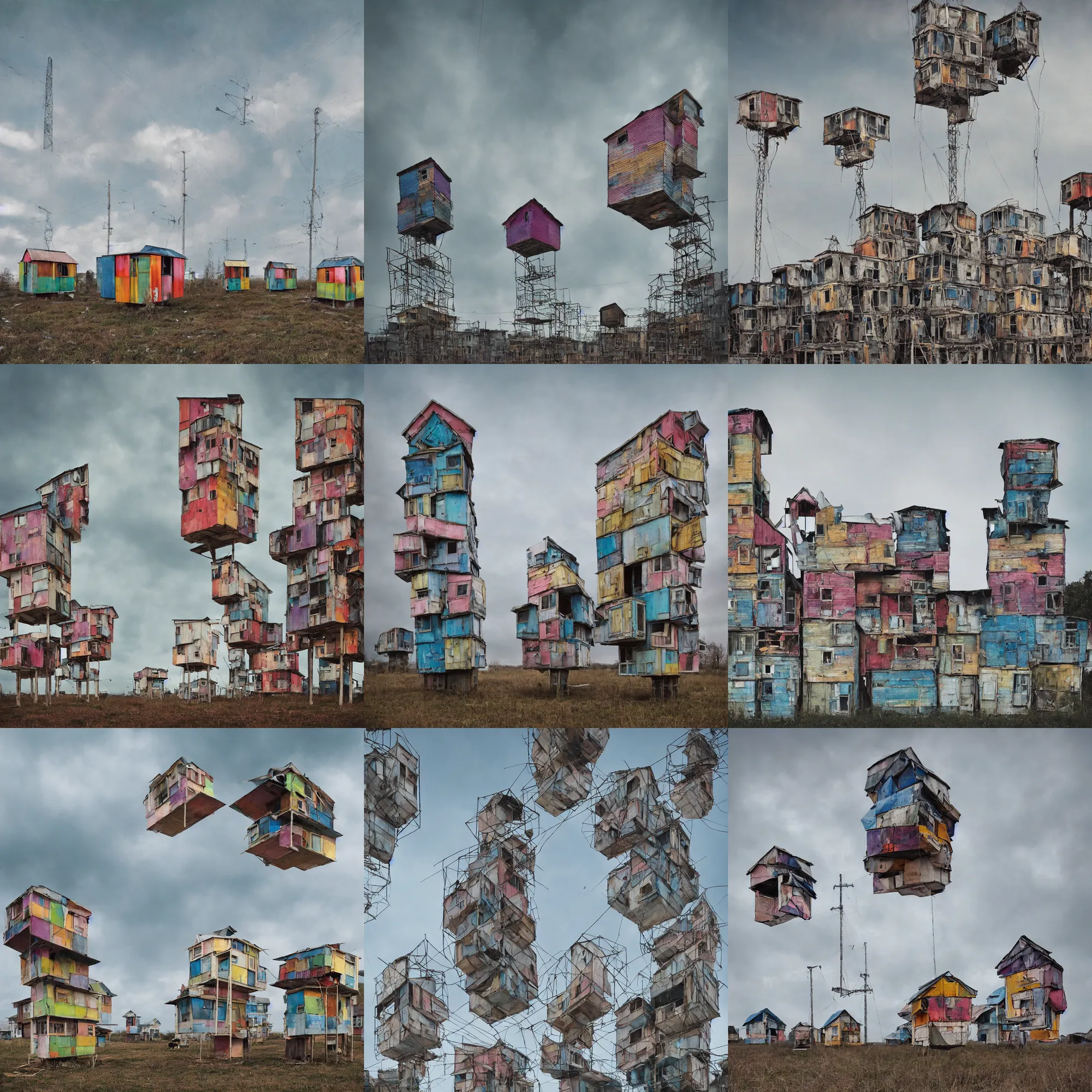 Prompt: close - up view of two symmetrical suspended towers made up of colourful makeshift squatter shacks, faded colours, uniform off - white sky, dystopia, mamiya, very detailed, photographed by cristina de middel