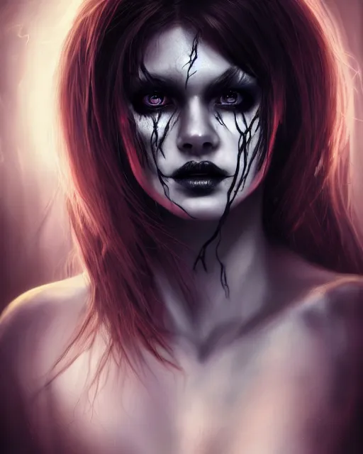 Prompt: dreamy portrait of a beautiful female personification of death with black veins and glowing eyes, ultra realistic, highly detailed, hd, sharp focus, cinematic lighting, mood lighting, realistic, photorealistic, vivid colors, painting, photograph, digital art, non blurry, sharp, artstation, concept art, smooth, illustration