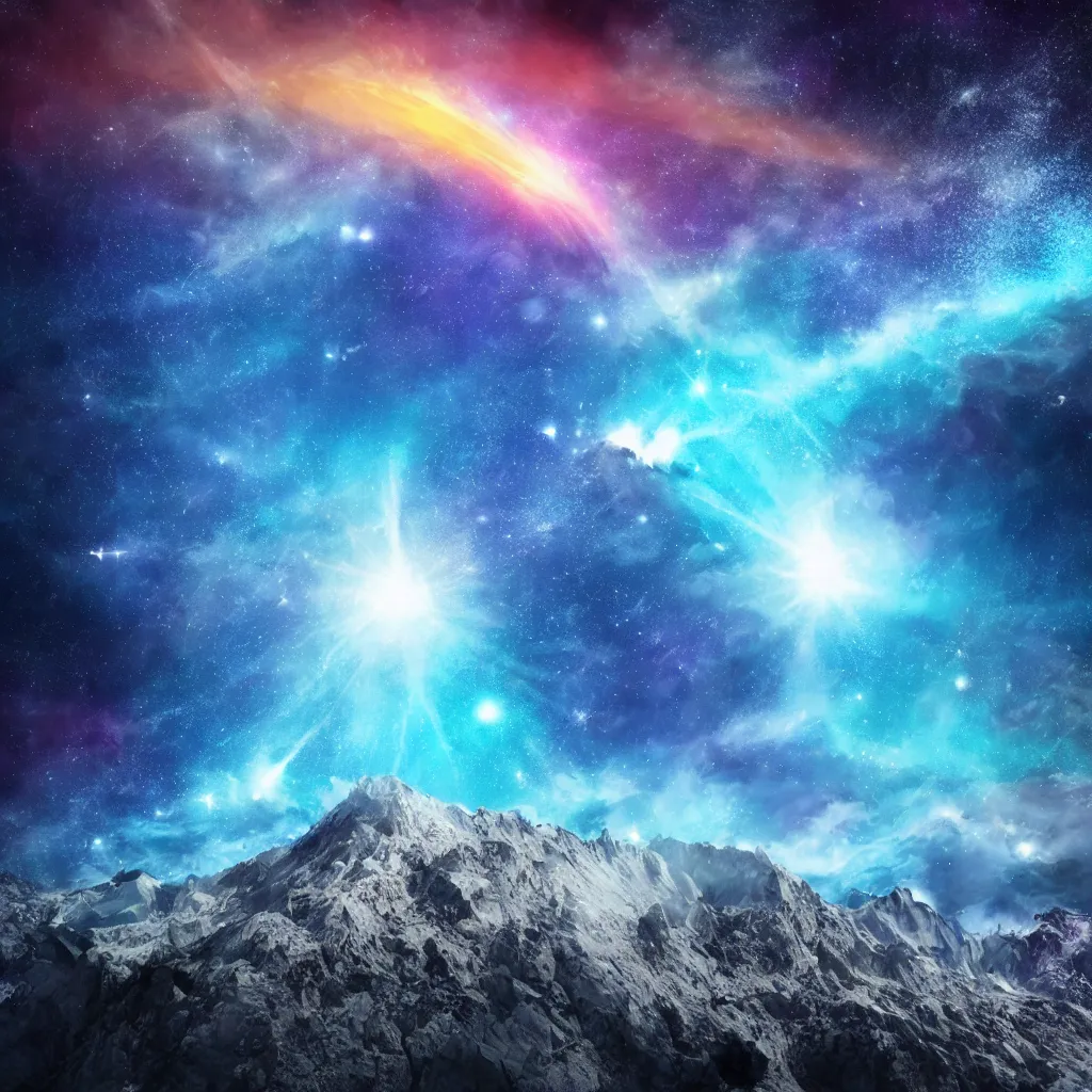 Image similar to vertical, mountains, limit, universe, galaxy, upwards, photo, blue sky, realistic, highly detailed, cinematic, glowing ice comets falling down