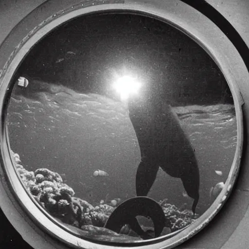 Image similar to an old black and white photo of a nightmarish sea monster seen through the porthole of a submarine, underwater, creepy, scary, dark,