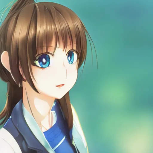 Image similar to a high detail portrait of high school girl by makoto sinkai, kyoto animation, kawaii, full body, in simple background, CLIP STADIO, mad painting