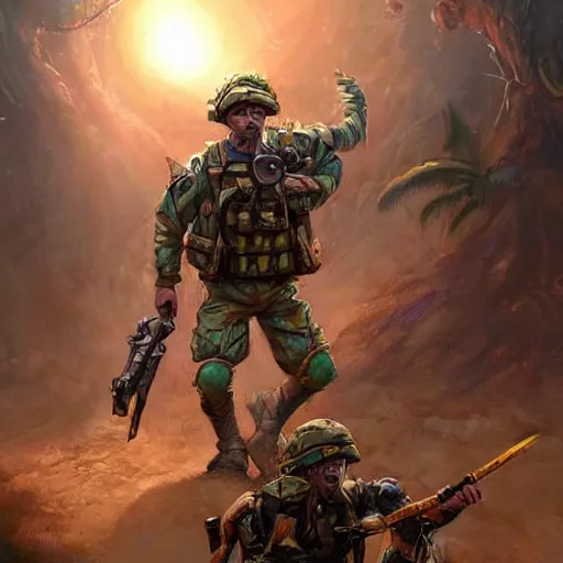 Prompt: An Australian Soldier Being Dragged by Emu Regiments, Fantasy Illustration by Tony Sart, Trending on artstation
