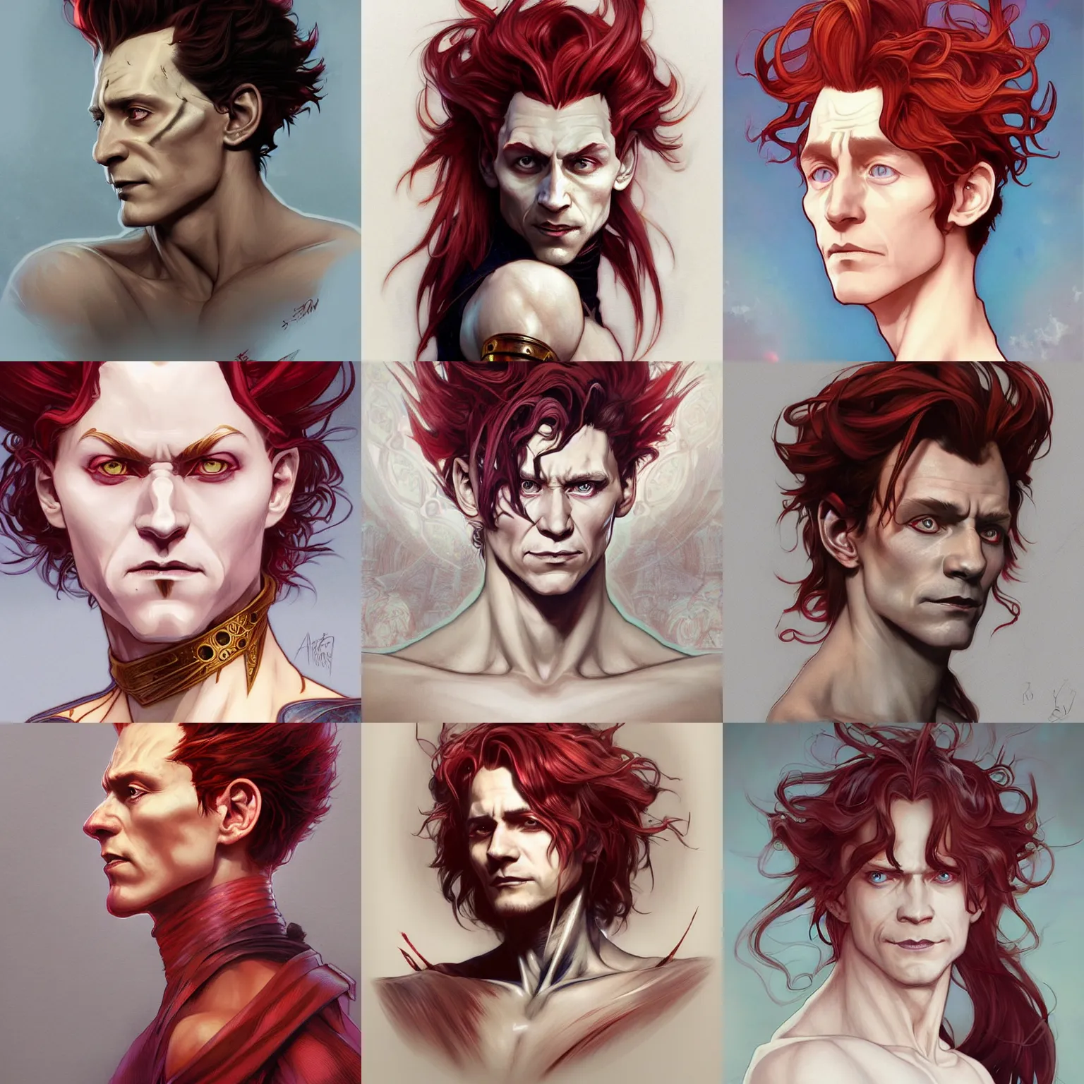 Prompt: hisoka, tom hiddleston, art by artgerm and greg rutkowski and alphonse mucha, reddish swept - back hair, sly expression, metal neck rings, d & d, fantasy, portrait, highly detailed, digital painting, trending on artstation, concept art, sharp focus, illustration