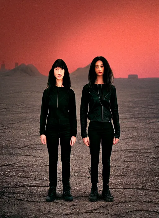 Prompt: cinestill 5 0 d photographic portrait of two loving clones, beautiful women wearing rugged black techwear on a desolate plain with a red sky, extreme closeup, lizard on ground, cyberpunk style, in front of a brutalist dark metal facility, dust storm, 3 5 mm, 8 k, f / 3 2, high resolution, ultra realistic faces