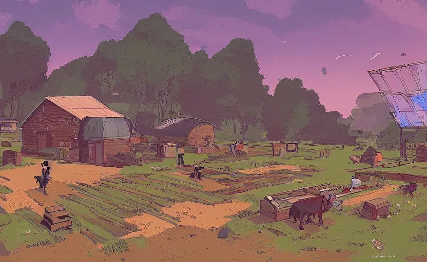 Image similar to people farming on a farm, small village, moebius, james gilleard, print, game art, storybook