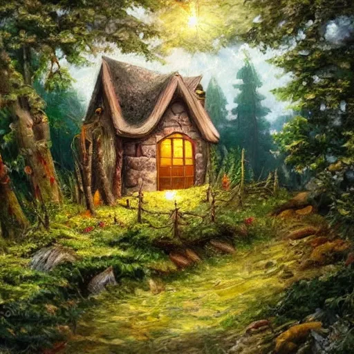 Image similar to oil painting, small house in the forest deep view, with amazing three's and fairytale around, 8 k, amazing illustration trending