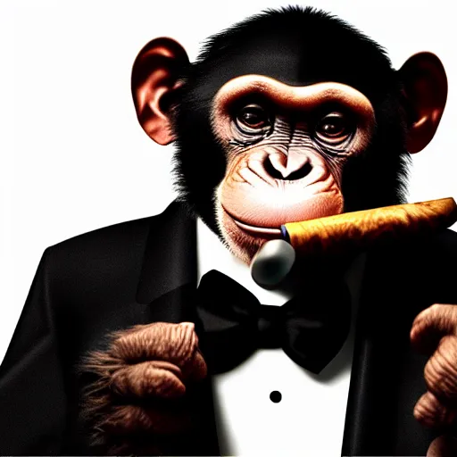 Prompt: A chimp wearing a tuxedo, smoking a cigar, holding cash. GTA style, dark background, studio lighting