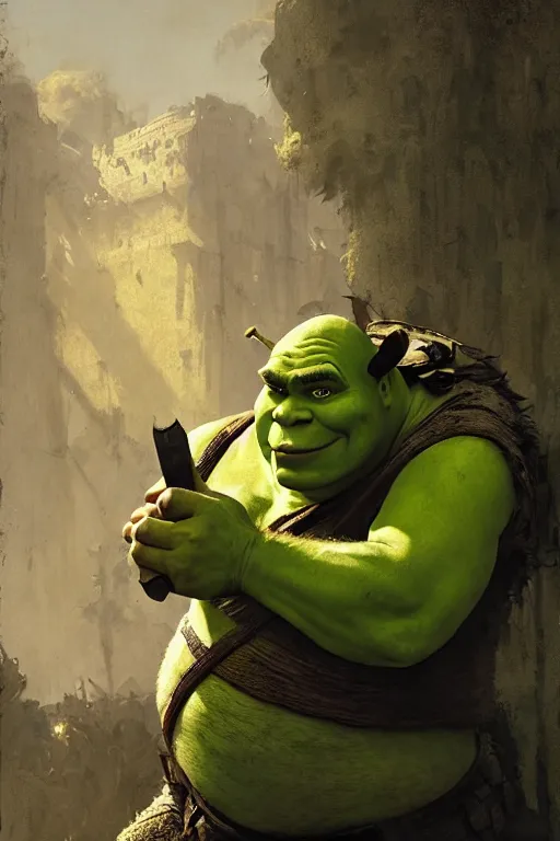 Image similar to shrek. the greatest warrior in the land by carl spitzweg, ismail inceoglu, vdragan bibin, hans thoma, greg rutkowski, alexandros pyromallis, perfect face, fine details, realistic shaded