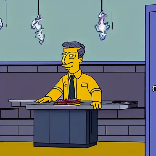 Image similar to scene depicting seymour skinner serving up steamed hams while the aurora borealis reflects in the other room, cartoon, realistic studio lighting, hand sketched colour,