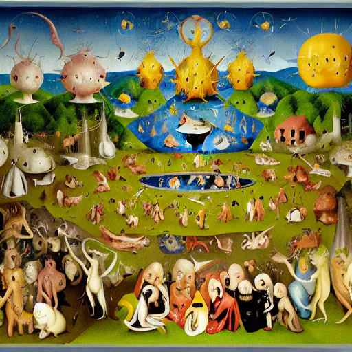 Image similar to garden of earthly delights by hieronymus bosch, animated in the style of pendleton ward, adventure time, bright and colorful