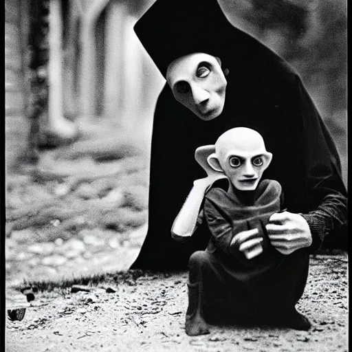 Image similar to portrait of nosferatu playing with his kid, realistic detailed photography, kodak 5 2 1 9 film, 5 0 mm lens