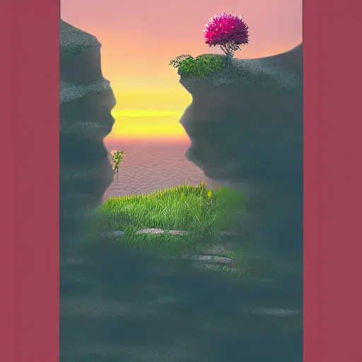 Image similar to flower on the edge of a cliff, cliff edge, colorful flower, sunset, muted color palette, concept art, high detail, dramatic angle