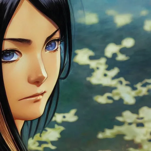 Prompt: highly detailed vfx portrait of nico robin by eiichiro oda!, makoto shinkai, alphonse mucha, sharp focus, art by artgerm and greg rutkowski!, backlit, harsh overhead sunlight, blue eyes!!, large aquiline nose!!, stanley kybric, kaoru mori, detailed, best of behance,