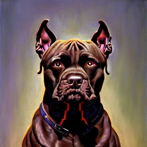Prompt: cinematic portrait of a dark brown american staffy version of the incredible hulk, only head and chest, intricate, desaturated, tim hildebrandt, wayne barlowe, bruce pennington, donato giancola, larry elmore, maxfield parrish, moebius, thomas ehretsmann, oil on canvas, gouache painting, masterpiece, trending on artstation, cinematic composition