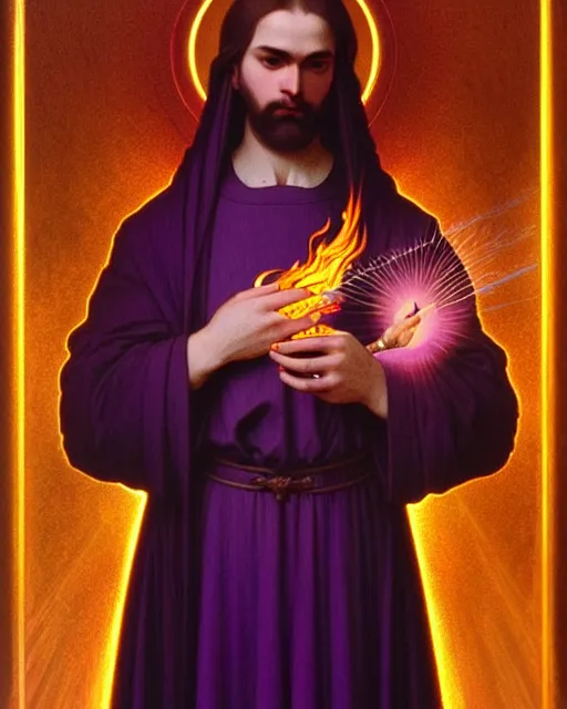 Image similar to portrait of saint germain, he holding the violet flame, it is a fire that is completely violet colored, intricate, elegant, highly detailed, digital painting, artstation, concept art, smooth, sharp focus, illustration, art by artgerm and greg rutkowski and fra angelico and alphons mucha