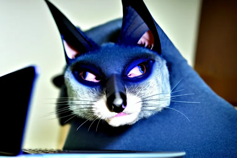 Image similar to a blue - and - black male catbat fursona with blue / green heterochromatic eyes and huge bat ears, photo of the catbat streaming on his computer