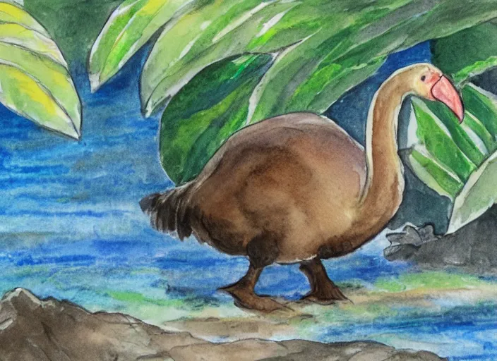 Image similar to a water color drawing of a dodo bird on a tropical island