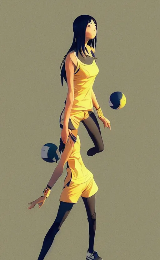 Image similar to manga style, realistic lighting, realistic anatomy, solid colors, made by ilya kuvshinov and and greg rutkowski, safebooru, from arknights, portrait of female beach volley player, standing pose, futuristic yellow lens, sport clothing, simple background