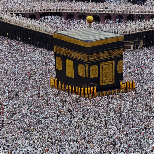 Prompt: where's waldo in the crowd circling the kaaba, 1 2 0 mm super high resolution, super high detail