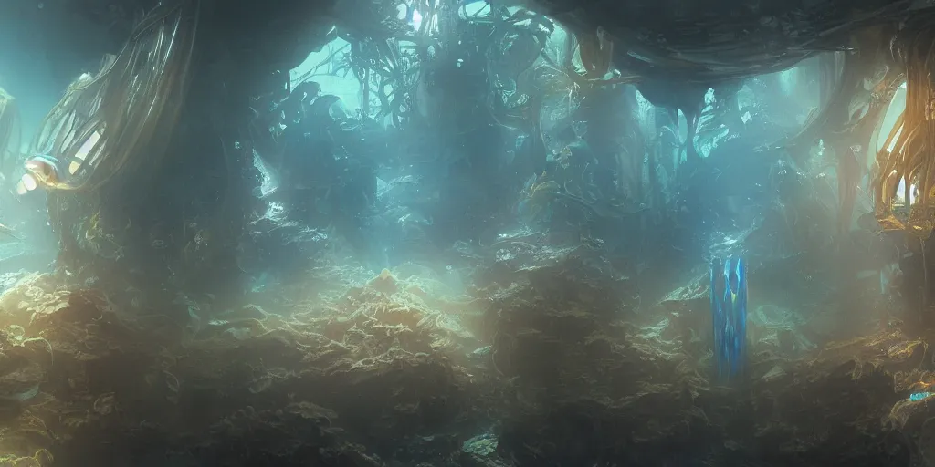 Image similar to an underwater landscape in the abyss, futuristic cathedral underwater, photorealistic, people, fishes, light rays from above the surface, realistic paint, specular light, high contrast, highly detailed, 4k, shallow depth of field, cinematic light, concept art, artstation, art by Enrich Victor, Alphonse Mucha