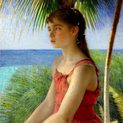 Image similar to a ultradetailed beautiful painting of a girl in the amazonas palace balustrade designed by jules bastien - lepage, hans belmer, frank weston and gustave baumann, beach, trending on artstation, mediterranean, palm trees, refracted color sparkles, sharp focus, soft light, 8 k 4 k