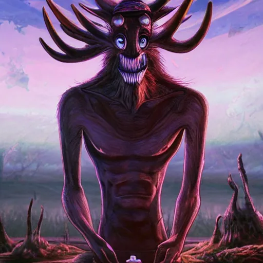 Prompt: a centered chest up portrait of a psychedelic demonic anthropomorphic wendigo smoking a hand - rolled cigarette smoking heavily, magic mushroom village in background. award winning. superb resolution. in the art style of junji ito and greg rutkowski. detailed mushroom city in background. hyper realistic anime. perfect art. dalle 2