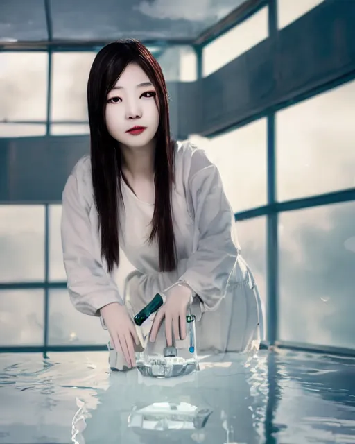 Image similar to beautiful centered photo of korean girl as a solarpunk cyborg with white mechanical parts and implanted bright halogen lamps, treading above calm water, ultra - realistic and detailed, sun lit, white background, bokeh, soft focus, slow exposure hdr 8 k