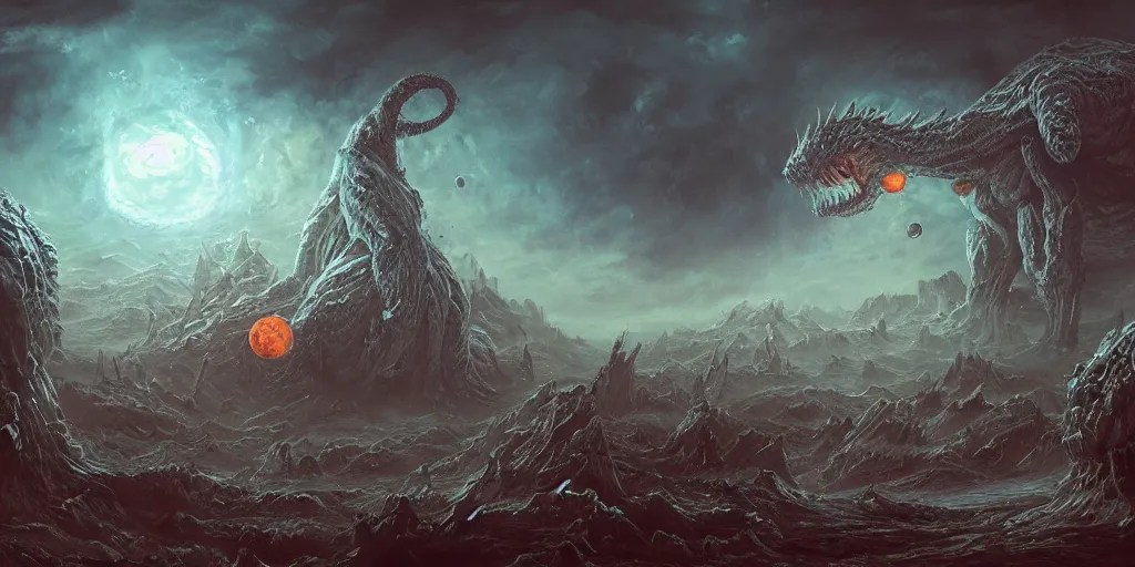 Image similar to concept art of giant alien kaiju, lovecraftian, renaissance, roaring, melting horror, round moon, rich clouds, fighting the horrors of the unknown, mirrors, very detailed, volumetric light, mist, grim, fine art, decaying, textured oil over canvas, epic fantasy art, very colorful, ornate scales, anato finnstark