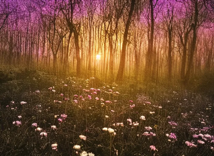 Image similar to a magical forest with delicate flowers that glow in the dusk, close up, bokeh,