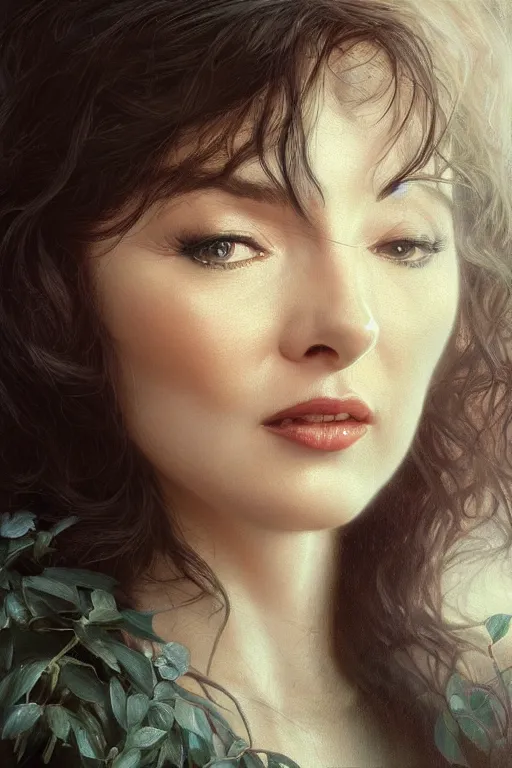 Image similar to painting of kate bush, ultra realistic, sharp details, sensual, subsurface scattering, intricate details, warm lighting, beautiful features, highly detailed, photorealistic, octane render, 8 k, unreal engine, art by artgerm and greg rutkowski and alphonse mucha