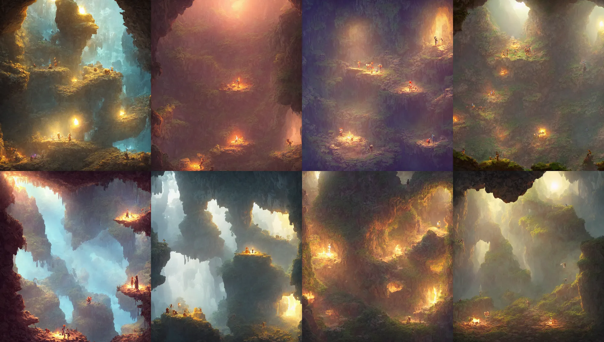 Prompt: 2 d platformer, inside of a fire lit cave, pre - historic cave man family, intricate, cave, diamond prisms, morning sun - rays, wlop, greg rutkowski, steve argyle, ilya kuvshinov, rossdraw, daniel f. gerhartz,