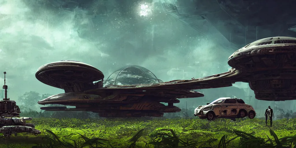 Image similar to a huge futuristic rusty abandoned old alien spaceship, next to it a smaller exploration vehicle on a landing pad, surrounded by a lush alien jungle, in the foreground two explorers are arguing, clear skies, volumetric light, hyperdetailed, artstation, cgsociety, 8k