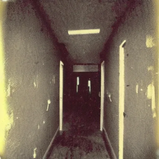 Prompt: a terrifying monster at the end of a hallway, dark!, creepy, nightmare fuel!!!, bones, horror, horrifying, unsettling, uncanny valley!, old polaroid, expired film,