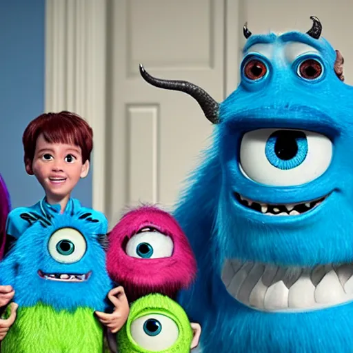 Prompt: monsters Inc sully standing next to a group of sully clones